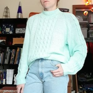 80s TJW Mervyn’s Cable Knit Sweater Pastel Mint Green Mock Neck Turtleneck